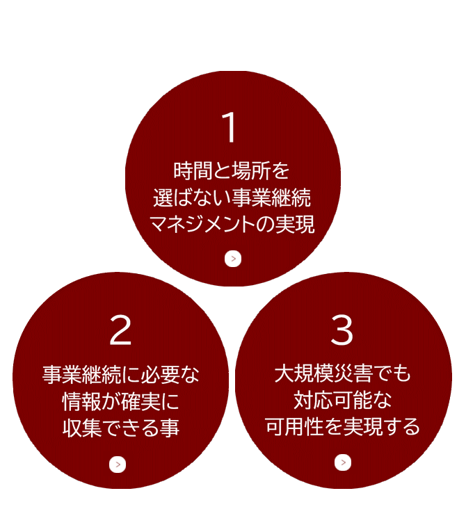 時間と場所を選ばない事業継続マジメントの実現  事業継続に必要な情報が確実に収集出来る事 大規模災害でも対応可能な可用性を実現する